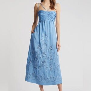 NWOT Kobi Halperin Ariella Floral Blue Embroidered Linen Maxi Dress